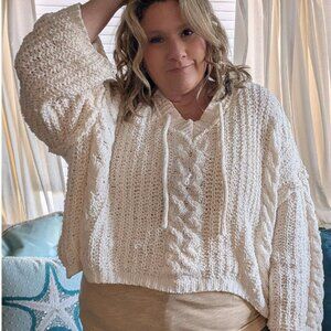 Super Soft White Crop Bell Sleeve Knit Sweater with Hoodie